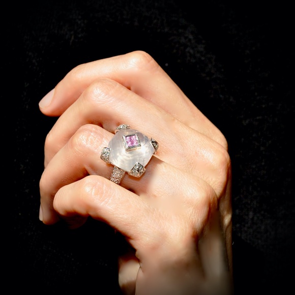 18k Diamond, Pink Sapphire & Rose Quartz Statement Ring - Picture 3 of 6